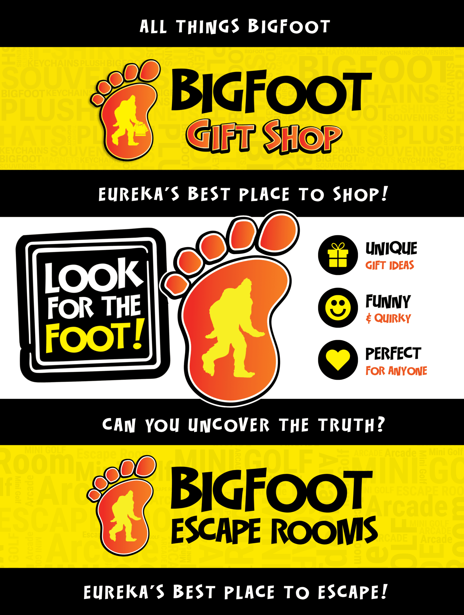 Bigfoot Gift Shop logo with Bigfoot footprint and colorful design elements.