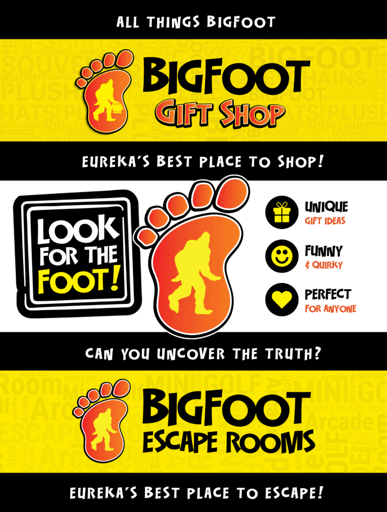 Bigfoot Gift Shop logo with Bigfoot footprint and colorful design elements.